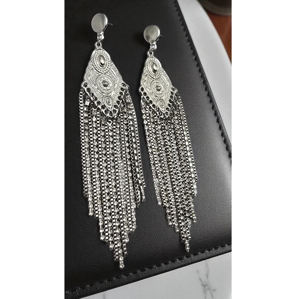 Silver Filigree Fringe Statement Earrings Rhinestone Dangle – Dramatic Glam - Picture 6 of 8